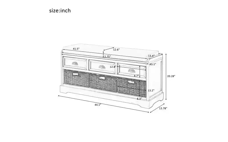 Panca contenitore da ingresso con 3 cassetti e 3 cesti, 111,8 cm L x 51,3 cm A x 34,8 cm P