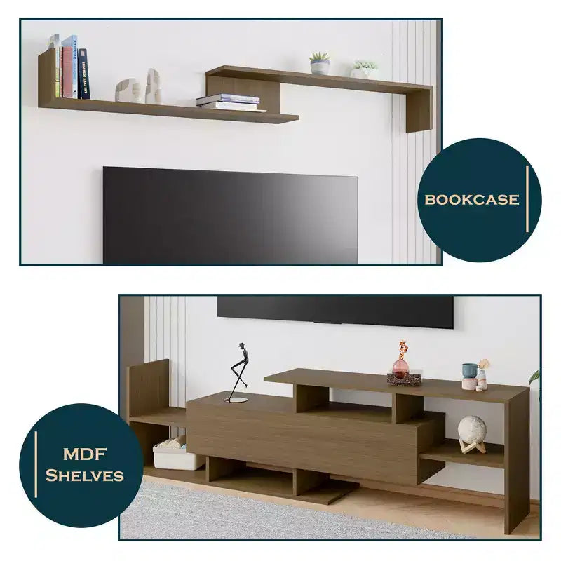 Mobile TV moderno con ripiani aperti in MDF e libreria, Console multimediale