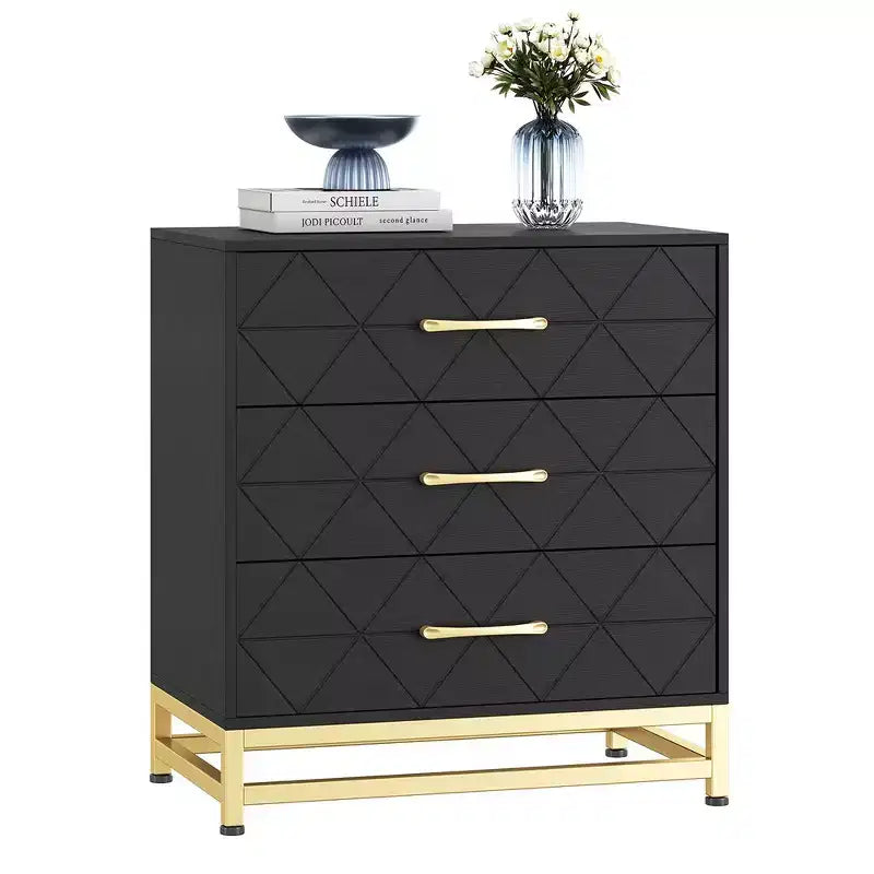 Comodino a 3 cassetti in legno con maniglie dorate, moderno