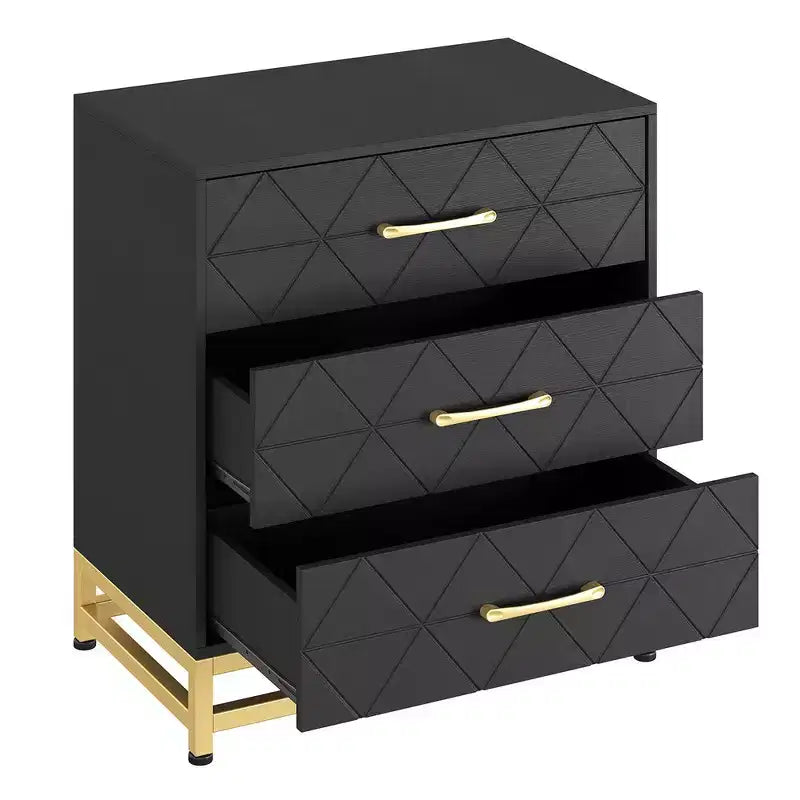 Comodino a 3 cassetti in legno con maniglie dorate, moderno