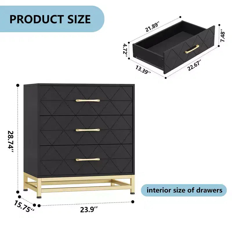 Comodino a 3 cassetti in legno con maniglie dorate, moderno