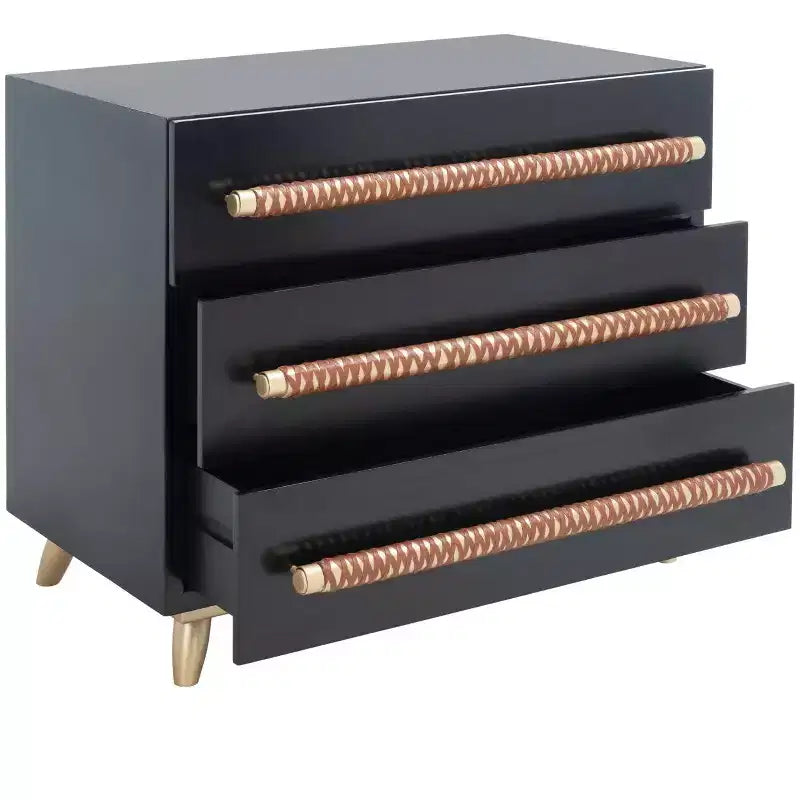 Cassettiera a 3 cassetti, nera e oro, stile moderno