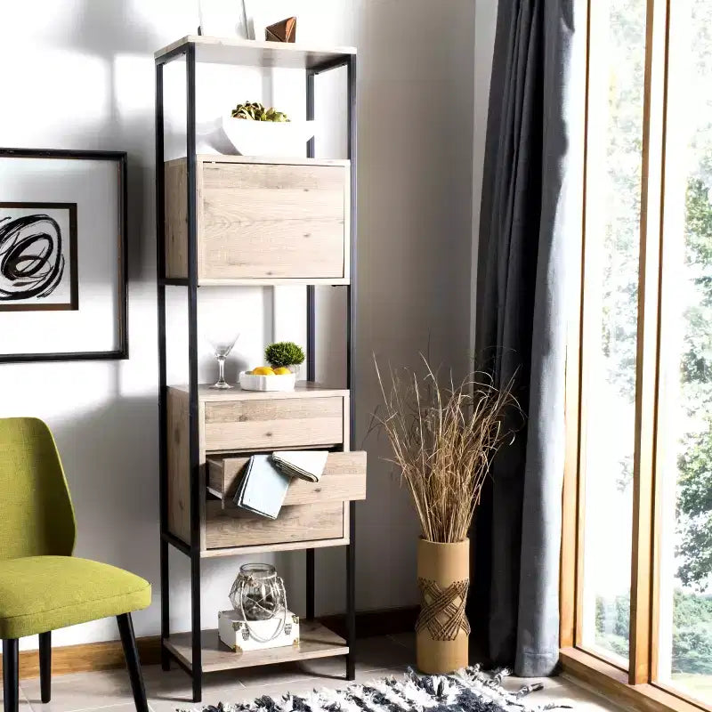 Libreria Etagere aperta, impiallacciatura in rovere e telaio in ferro nero