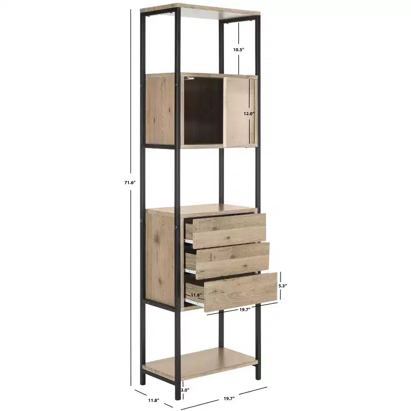 Libreria Etagere aperta, impiallacciatura in rovere e telaio in ferro nero
